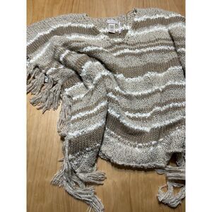 Free People One Size Big Dipper Fringed Poncho Sweater White‎ Brown Stripe